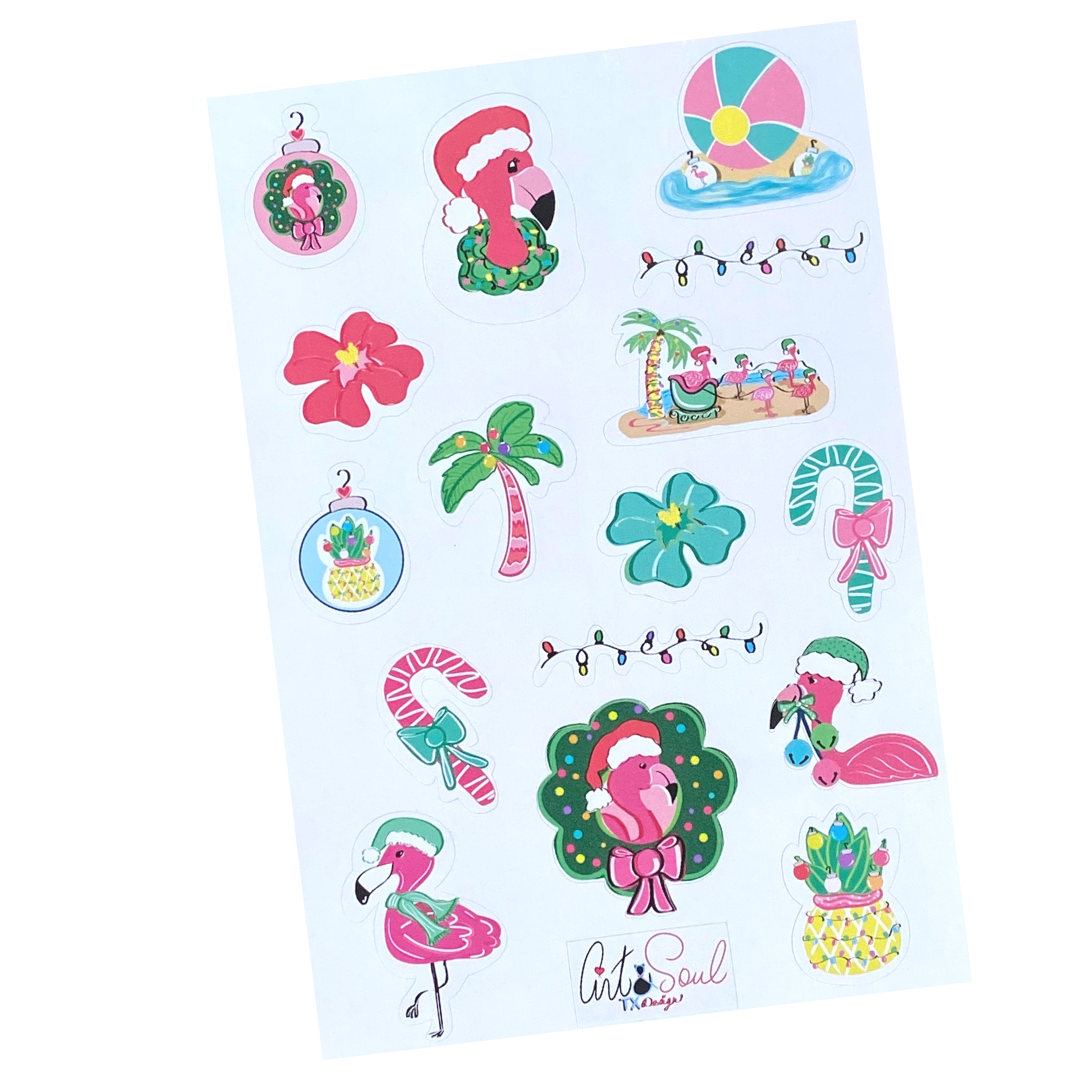 Christmas Flamingo, Flamingo Winter, Coastal Christmas Sticker Sheet