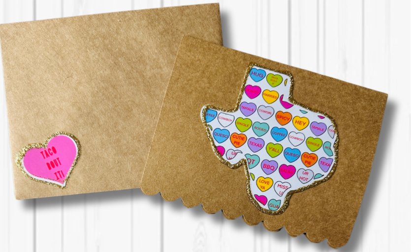 One handmade Texas Valentine's Day card made with brown paper and colorful Texas image.