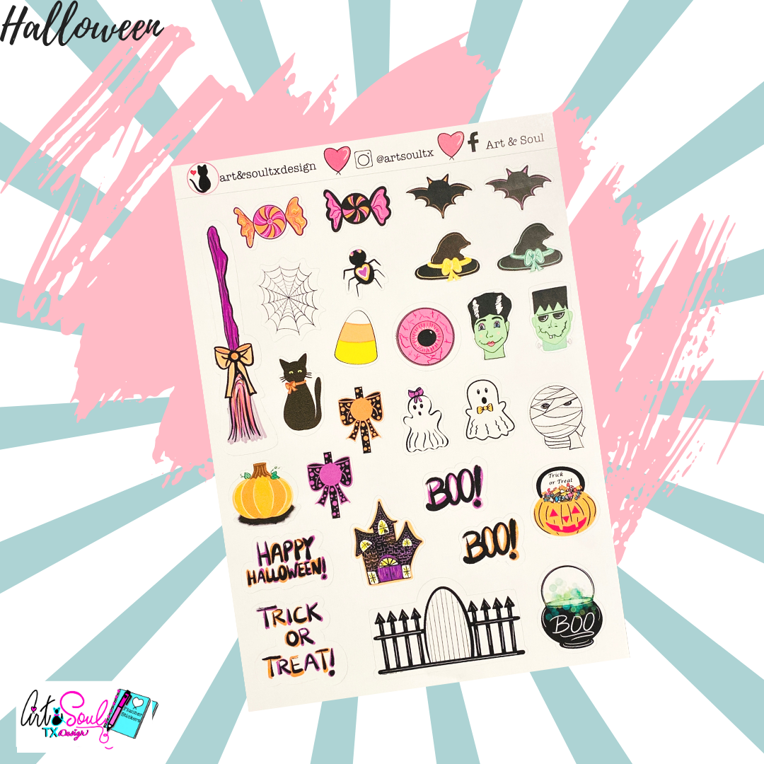 A close-up of the Halloween planner sticker sheet, containing ghosts, mummies, candy, bats, and more!