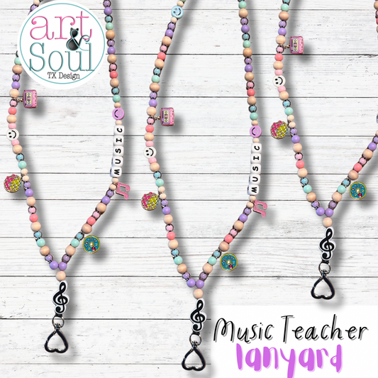 Three music teacher lanyards on a wooden background.