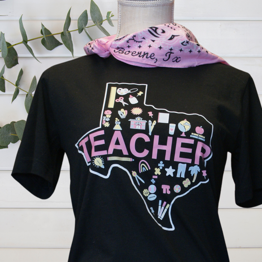 A Texas Teacher T-shirt on a mannequin