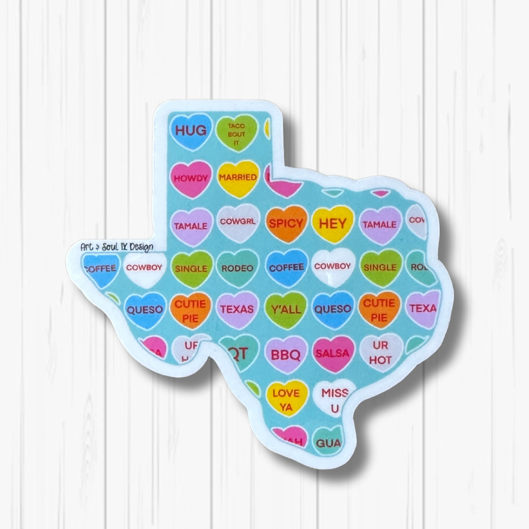 Close up image of the Texas Valentine Heart Candy waterproof sticker.