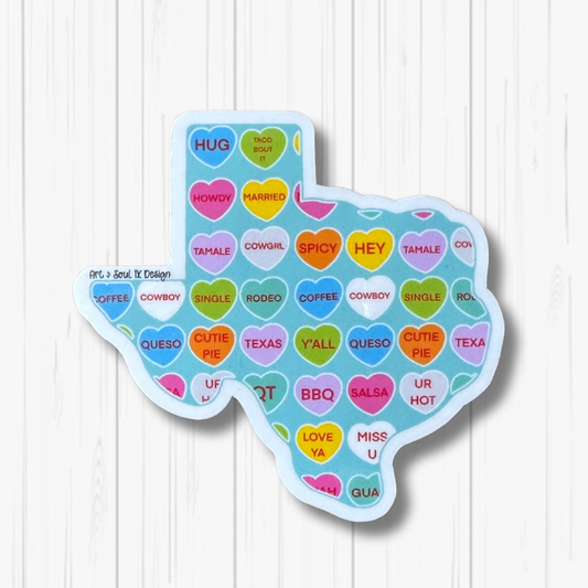 Close up image of the Texas Valentine Heart Candy waterproof sticker.