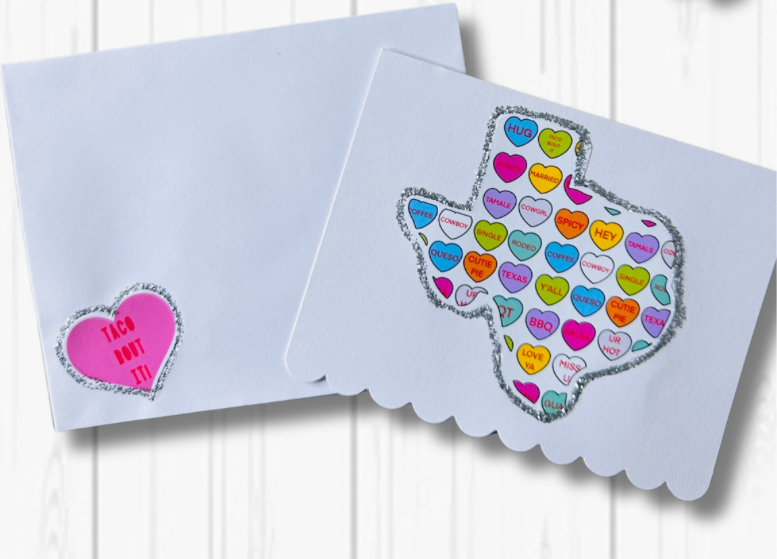 One handmade Texas Valentine's Day card made with white paper and colorful Texas image.