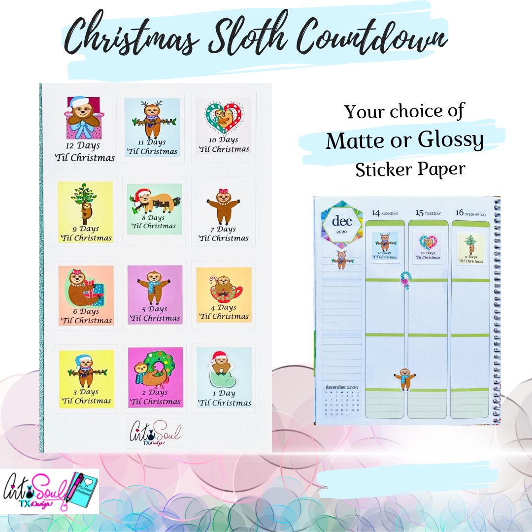 Sloth Countdown Christmas Planner stickers in an Erin Condren Life Planner.
