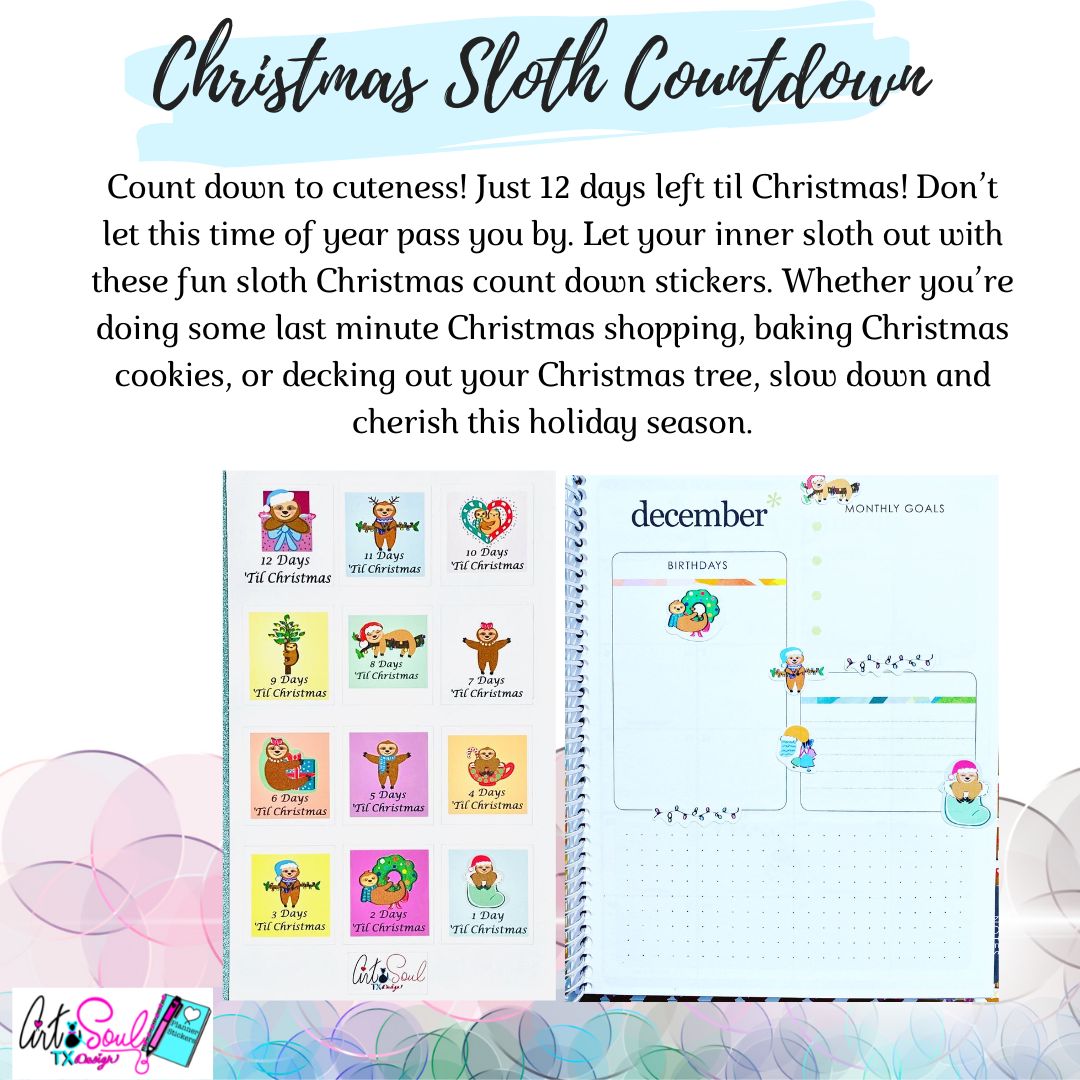 12 Days to Christmas Countdown Sloth Planner Sticker Sheet.
