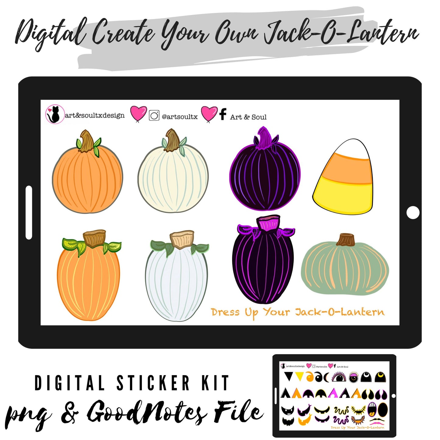 Create Jack-O-Lantern Digital Sticker Kit - Pre Cropped PNGs, GoodNotes File, Hand Drawn Clip Art for Digital Planning or Bullet Journal