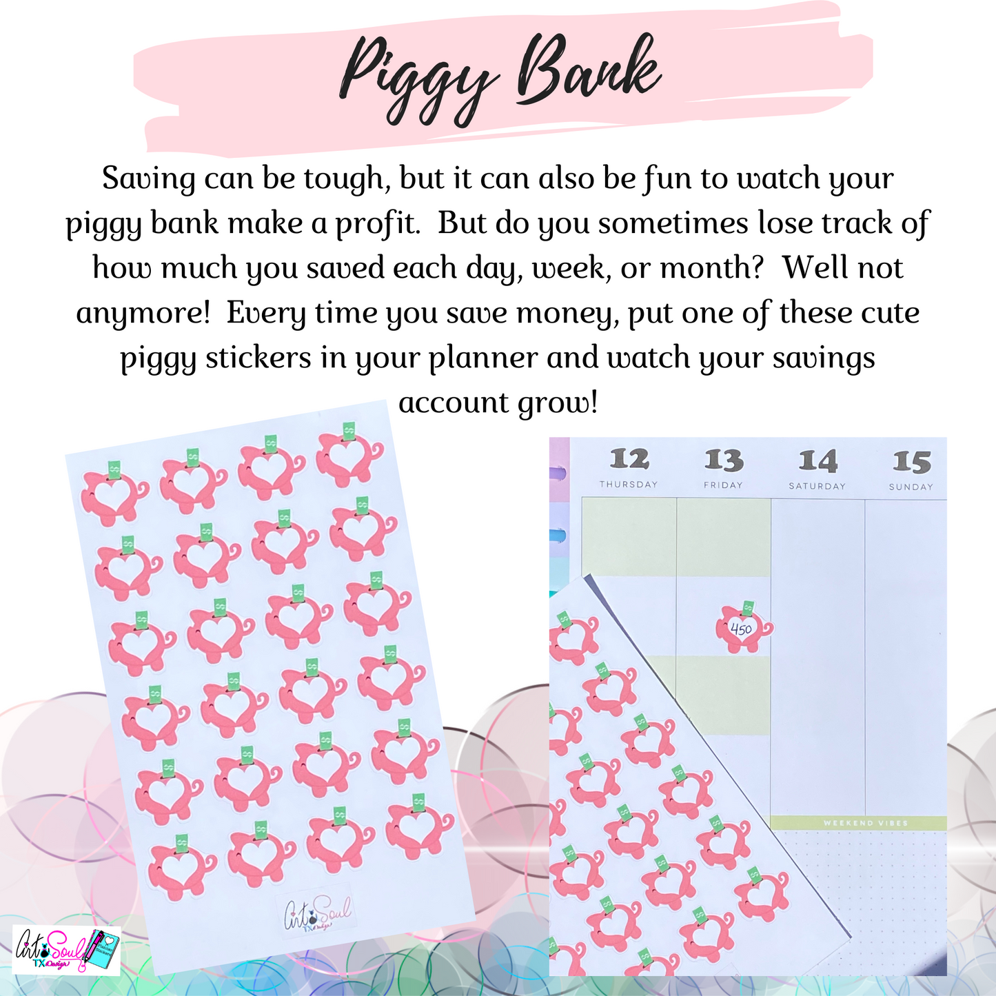 Piggy Bank Planner Stickers, Savings Tracker