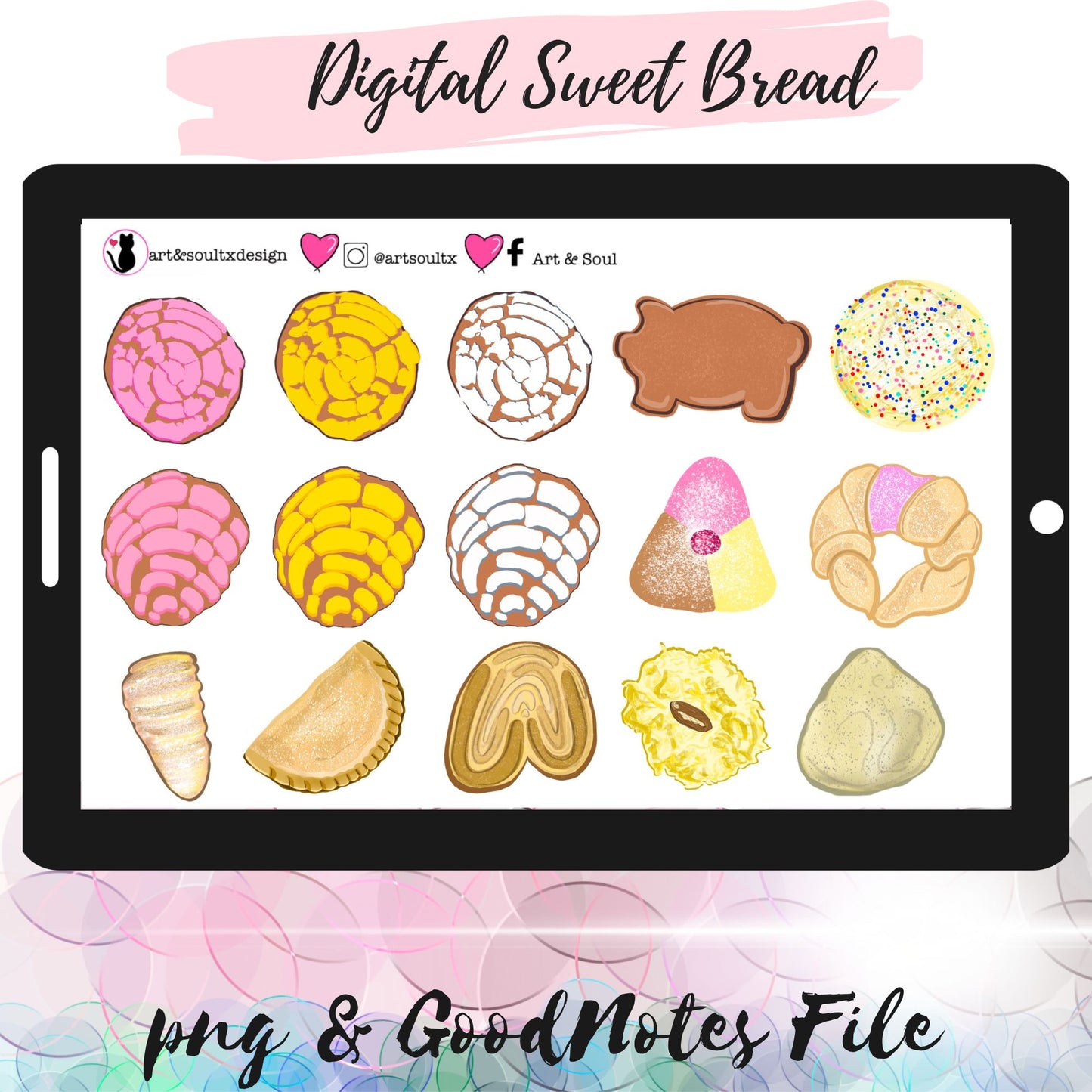 Sweet Bread Pan Dulce Sticker Kit - Pre Cropped PNGs, GoodNotes File, Hand Drawn Clip Art for Digital Planning or Bullet Journal