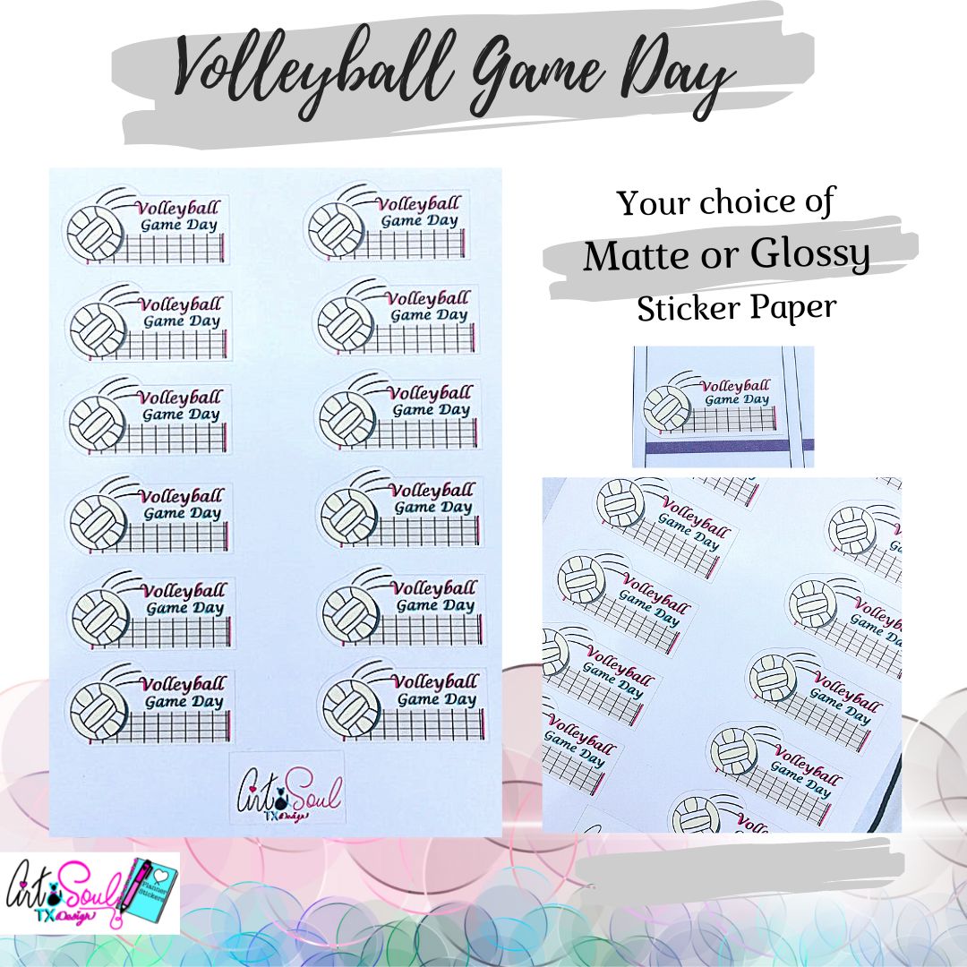Volleyball Game Day Planner Stickers are available in matte and glossy sticker paper.