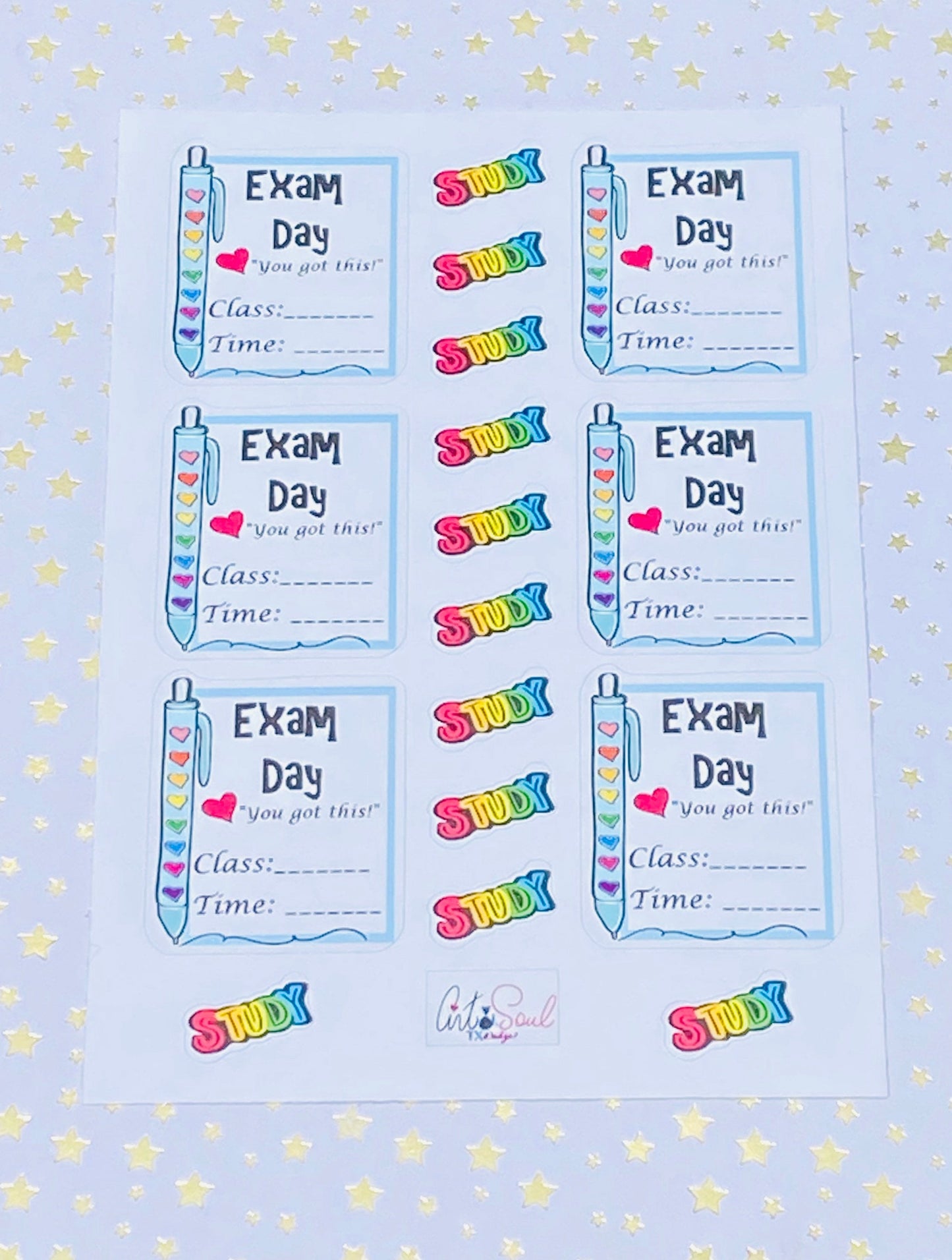 Each sheet comes with 6 Exam Day stickers and 11 Study stickers.