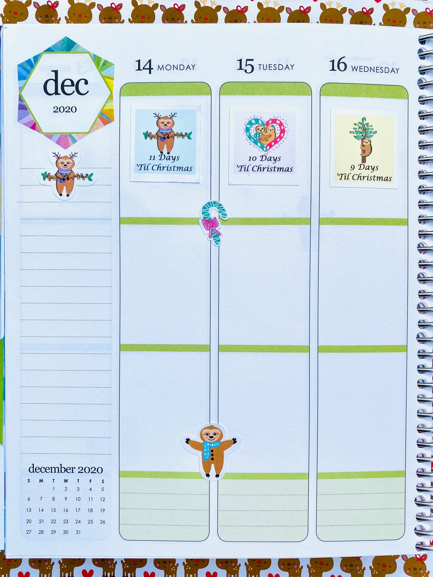 An example of the sloth stickers in an Erin Condren Planner, days 11-9