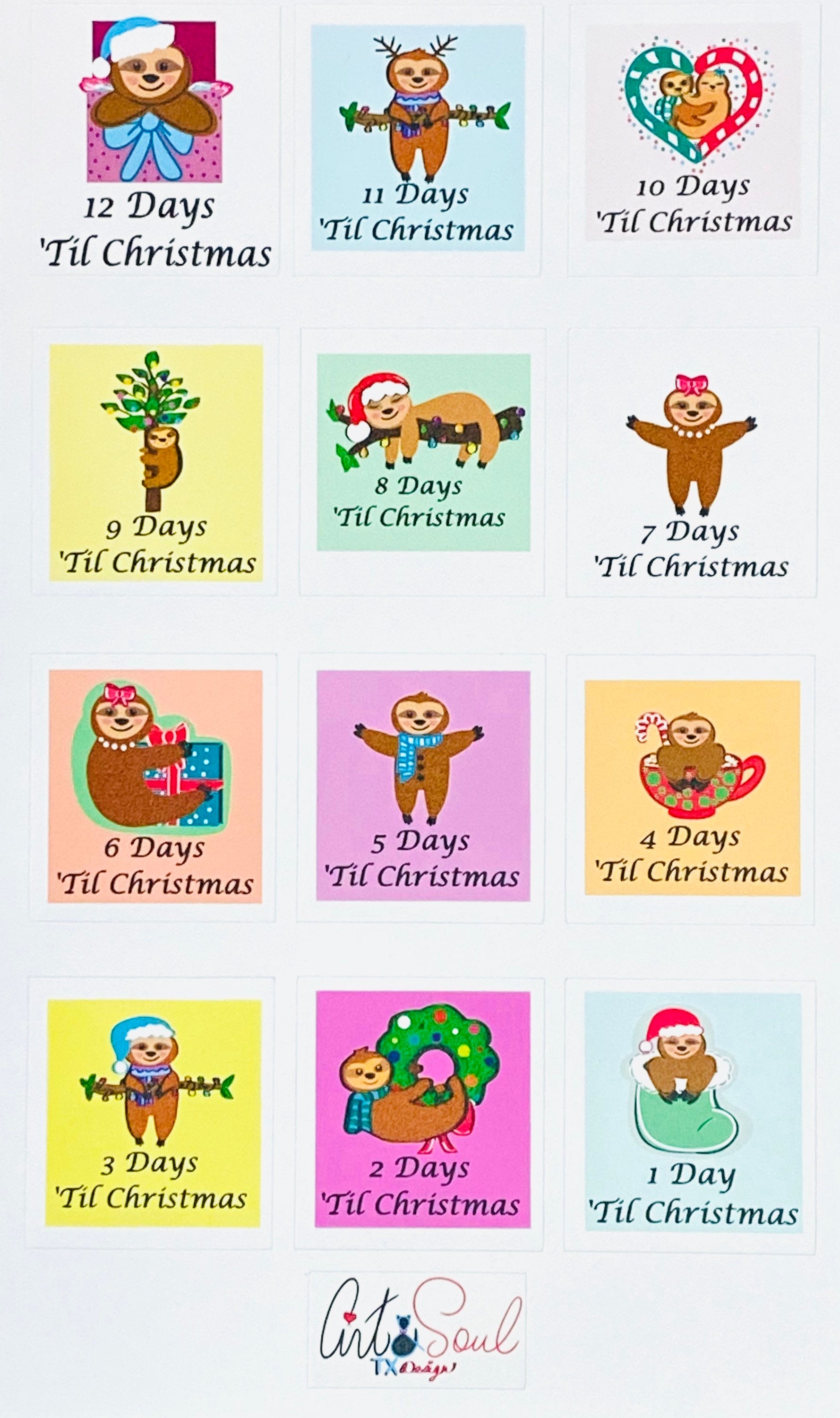 A close up of the Countdown to Christmas, 12 Days of Sloth Christmas, planner stickers.