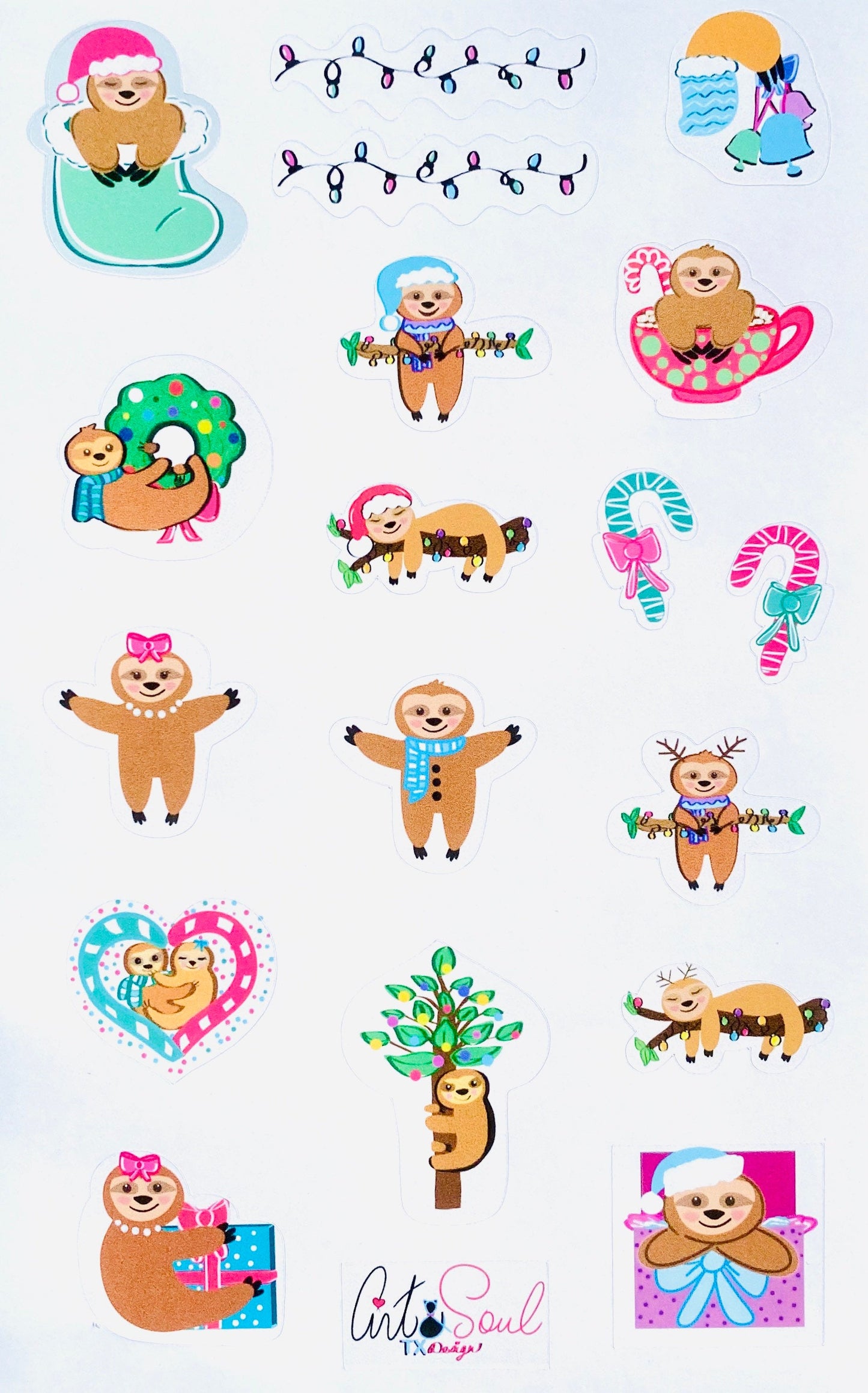 A full view of the Sloth Christmas planner sticker sheet.