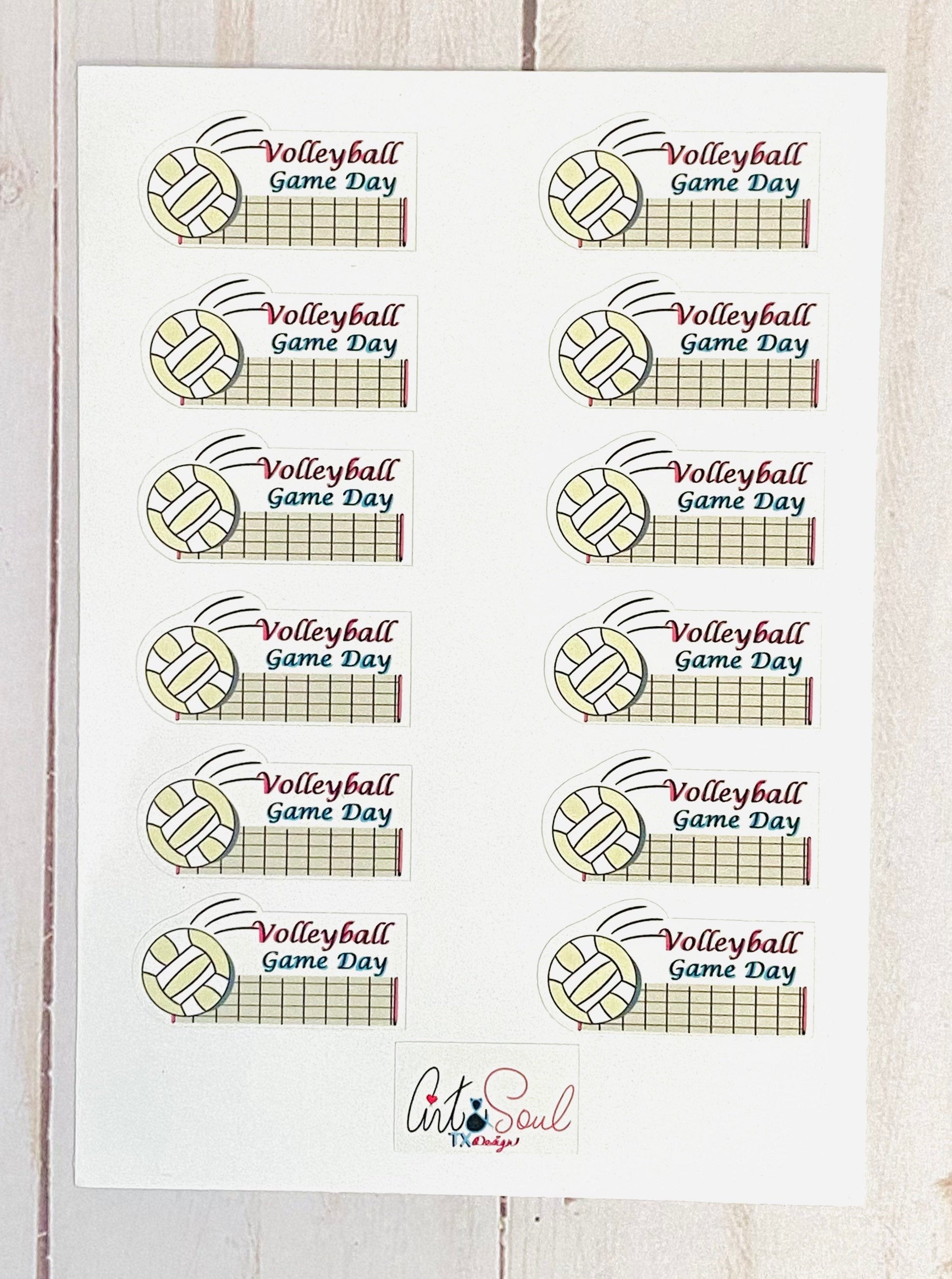 A Volleyball Game Day planner sticker sheet on a volleyball court background.