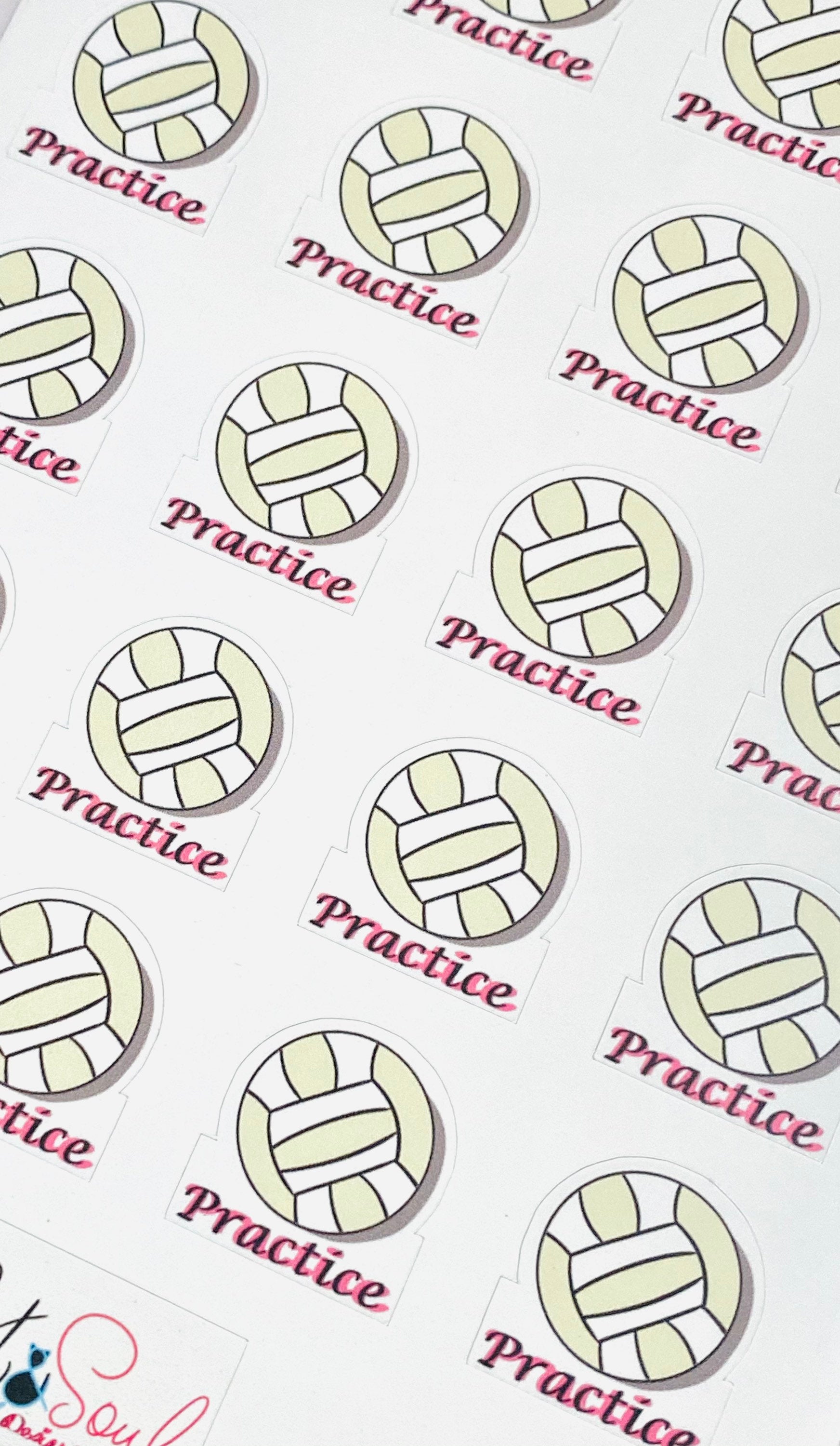 A close-up of Volleyball Practice planner stickers.  The sticker shows a volleyball with the word "Practice" underneath.