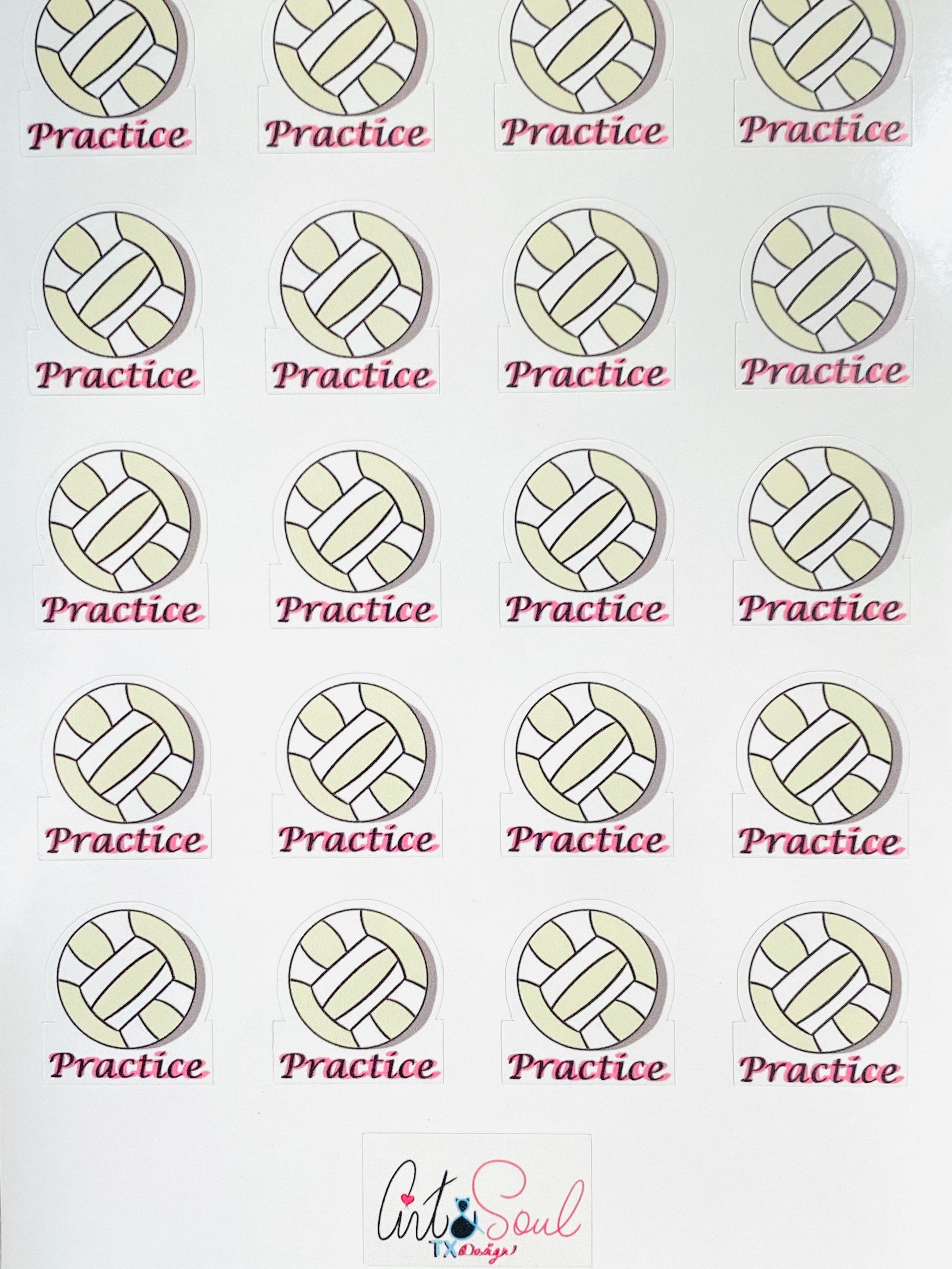 Close-up of the Volleyball Practice planner sticker sheet.  There are 20 stickers per sheet.